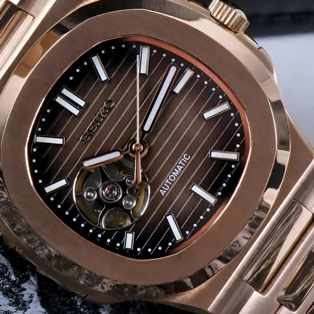 Seiko Mod Nautilus Open Heart - Rosegold - Automatik - Wasserdicht - Neu