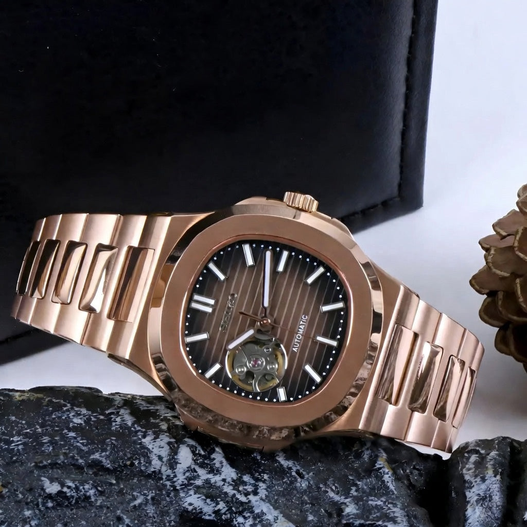 Seiko Mod Nautilus Open Heart - Rosegold - Automatik - Wasserdicht - Neu