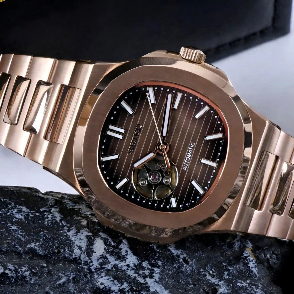 Seiko Mod Nautilus Open Heart - Rosegold - Automatik - Wasserdicht - Neu