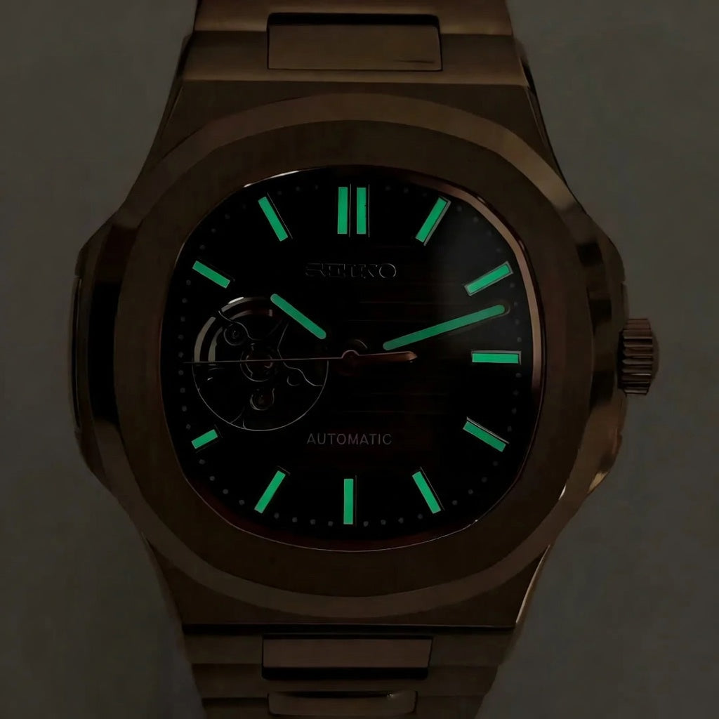 Seiko Mod Nautilus Open Heart - Rosegold - Automatik - Wasserdicht - Neu