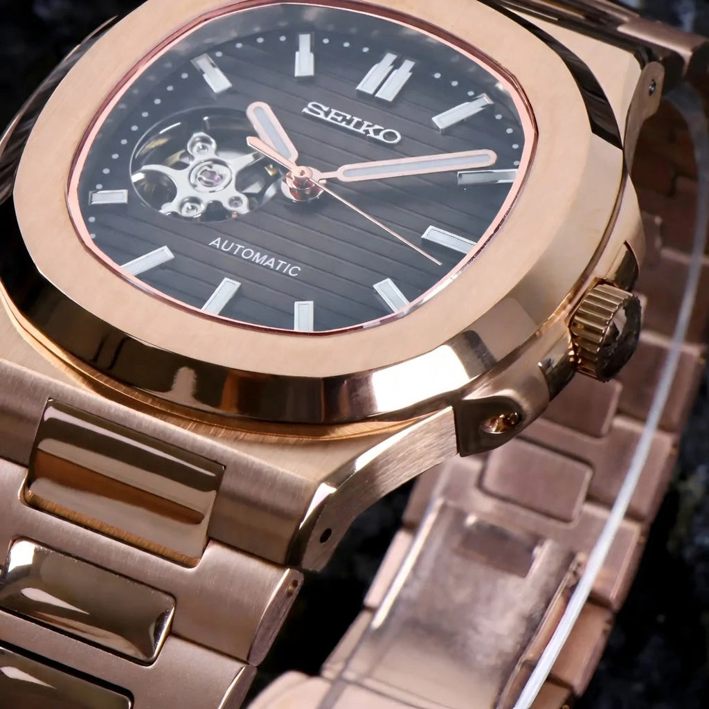 Seiko Mod Nautilus Open Heart - Rosegold - Automatik - Wasserdicht - Neu