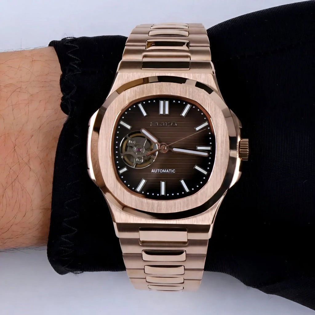 Seiko Mod Nautilus Open Heart - Rosegold - Automatik - Wasserdicht - Neu