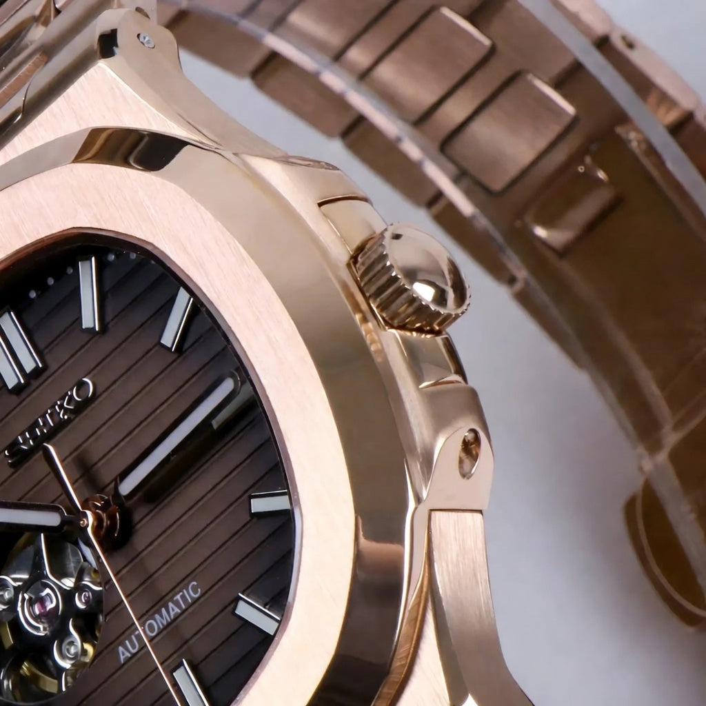 Seiko Mod Nautilus Open Heart - Rosegold - Automatik - Wasserdicht - Neu